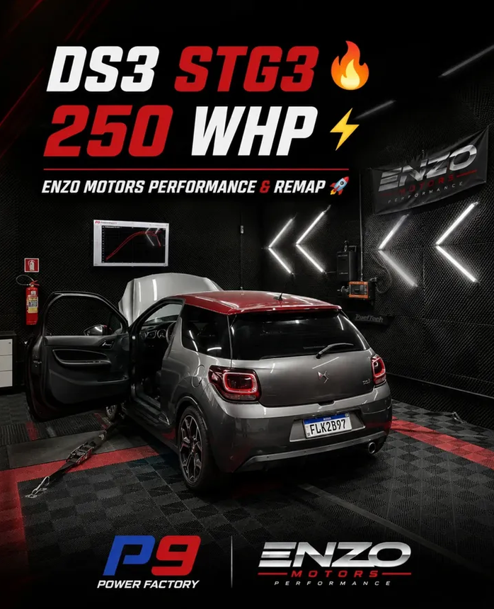 Citroën DS3 THP cinza com teto vermelho, preparado pela Enzo Motors, sobre o dinamômetro da oficina